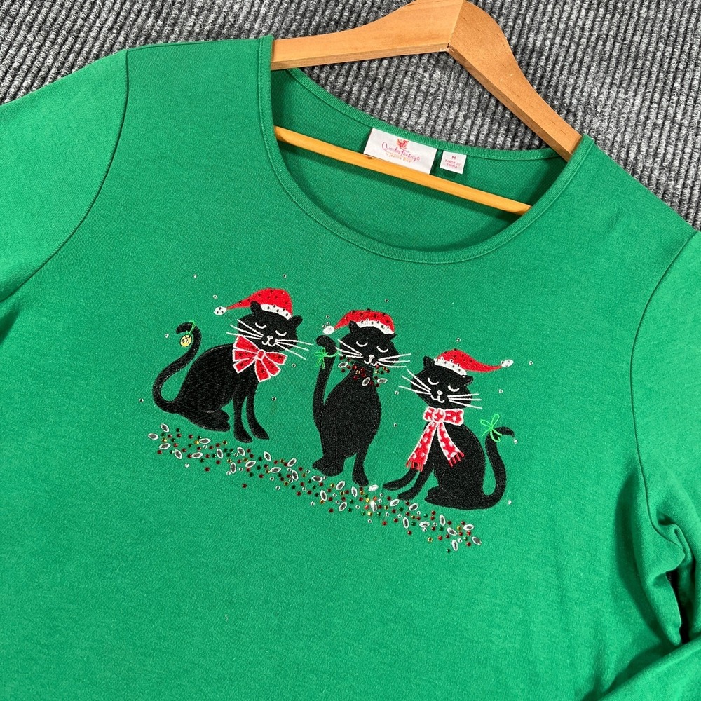 Quacker Factory Sweater Womens Medium Green Christmas Cats Long Sleeve Crew
